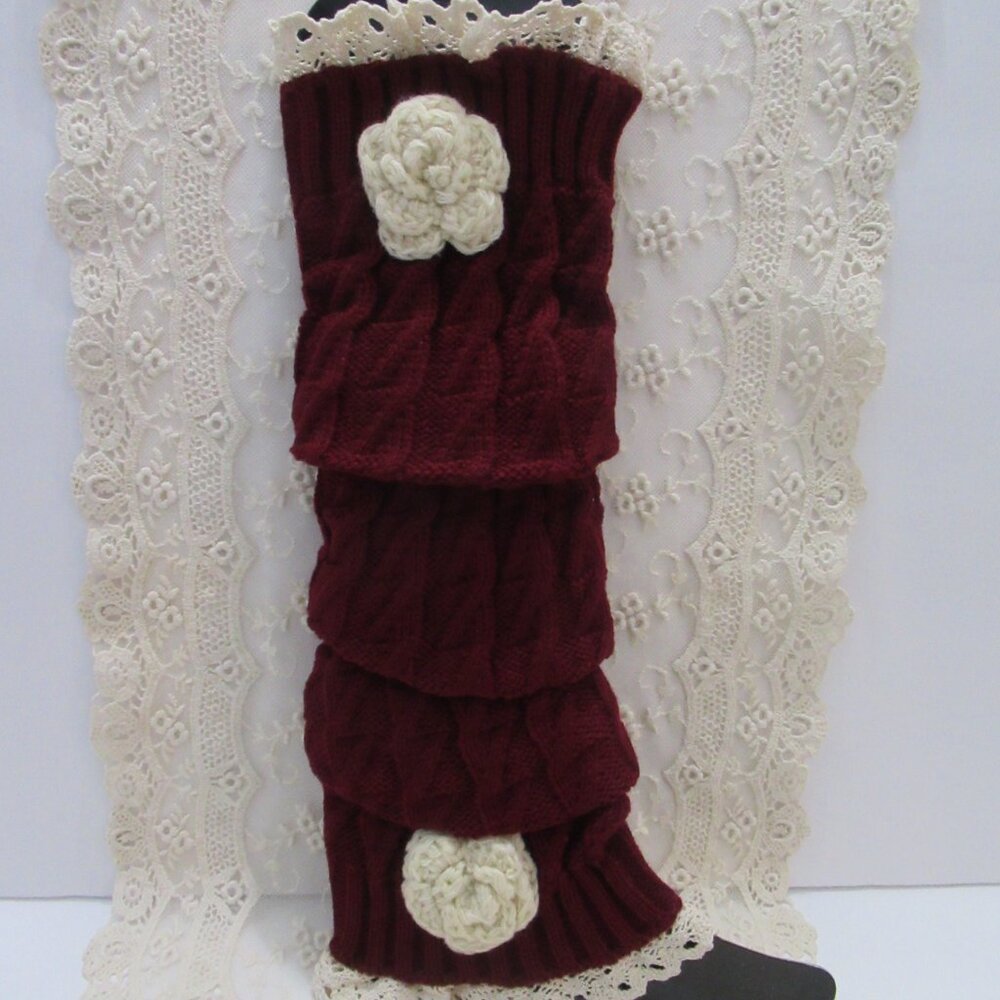 New, Burgundy Cable Knit Leg Warmers with Ivory Lace Trim and Crocheted Flowers